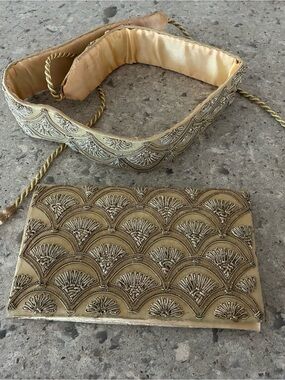 Vintage Gold Embroidered and Beaded Evening Clutch Bag with Matching Belt
